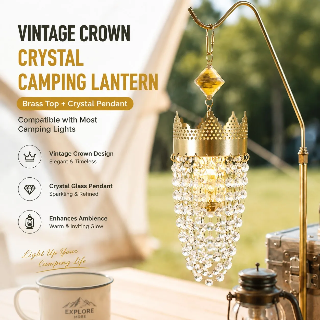 Outdoor Lighting Brass - Vintage Crown Crystal Camping-lampenkap, messing kroon+glasprisma,